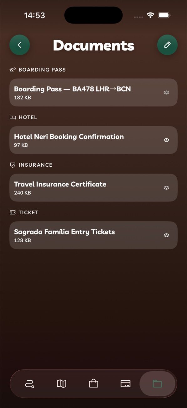 Travel documents stored against an itinerary in Travelyfe.