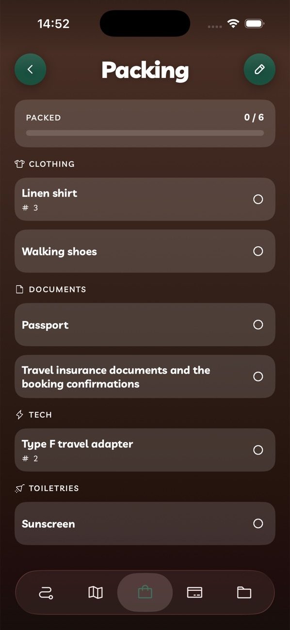 A per-itinerary packing checklist in Travelyfe.
